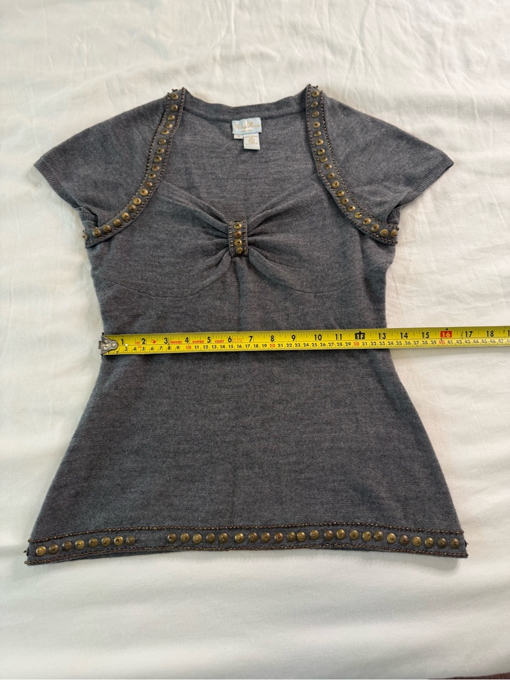 Taryn Rose 100% Merino Wool Studded Sweater Y2K Boho Glam Gray S - Picture 11 of 12